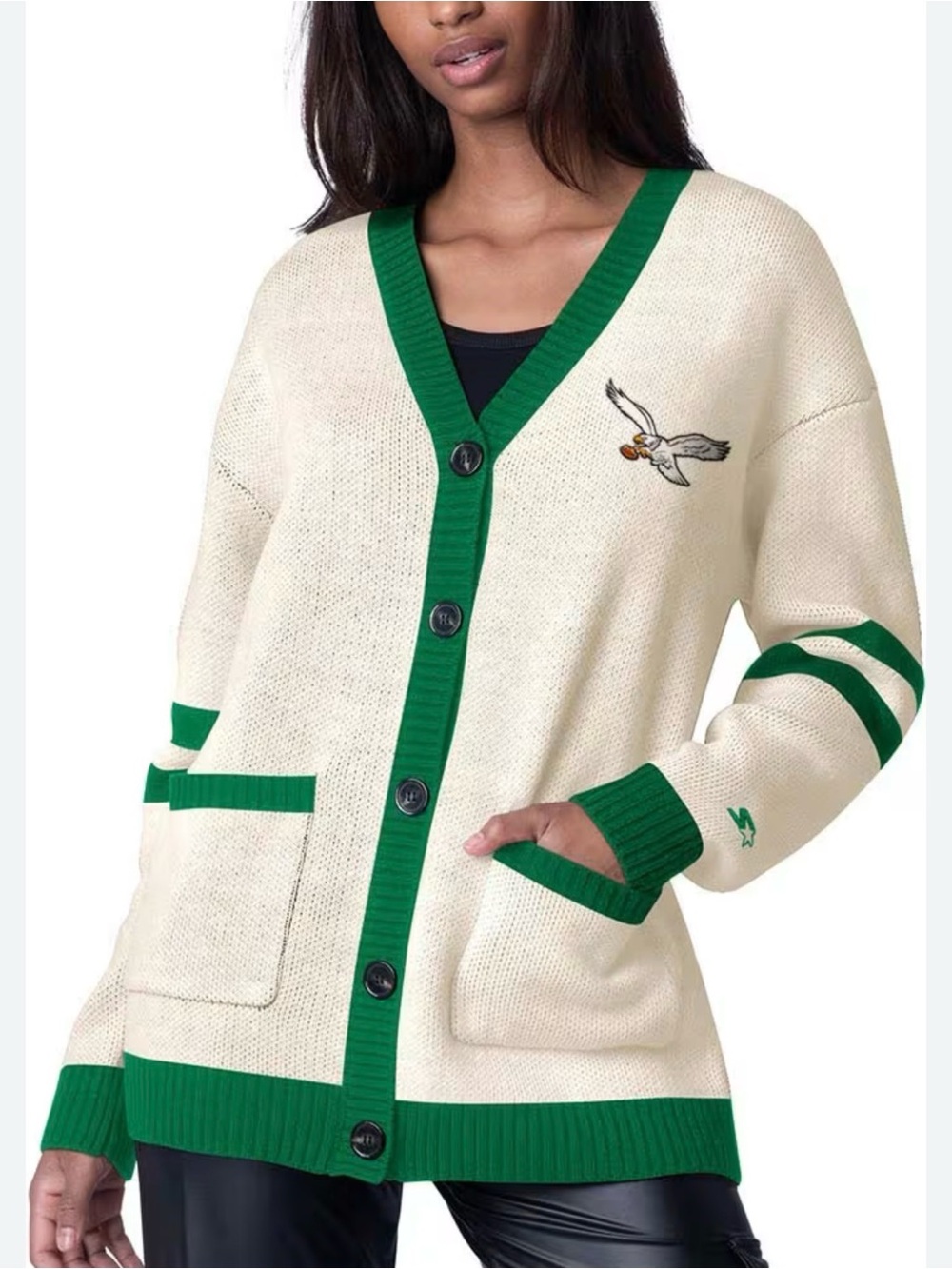 STARTER Cream Cardigan with Green Trim & Eagle Embroidery